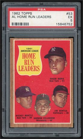 1962 Topps #53 AL Home Run Leaders Mantle/Maris PSA 5 EX
