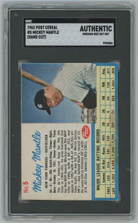 1962 Post Cereal #5 Mickey Mantle (Hand Cut) SGC Authentic (Mini sized)