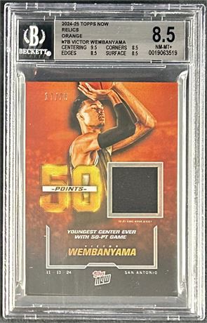 2024 Topps Now Relics Victor Wembanyama RC Orange 17/25 BGS 8.5 NMMT+