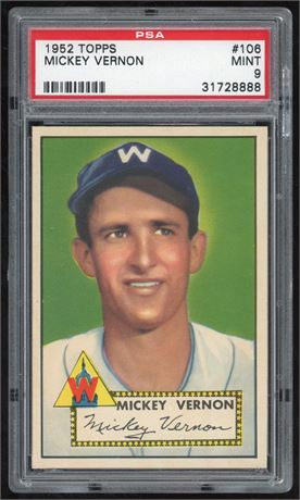 1952 Topps #106 Mickey Vernon PSA 9 MINT Pop 7 None Higher RARE