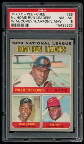 1970 O-Pee-Chee #65 NL HR Leaders McCovey/Aaron/May PSA 8 NMMT Pop 8 Highest