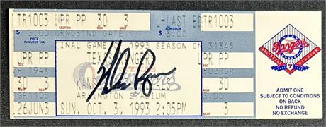 Nolan Ryan Signed Texas Rangers Ticket 10/3/1993 w/ Nolan Ryan Foundation Cert