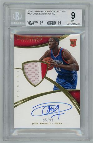 2014 Immaculate Collection #104 Joel Embiid RC Patch Auto 95/99 BGS 9 Auto 10