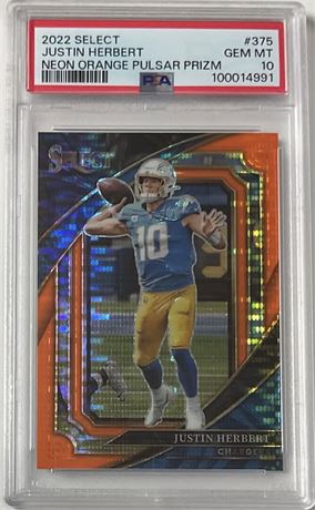 2022 Select #375 Justin Herbert Neon Orange Pulsar Prizm 6/7 PSA 10 GEM MINT