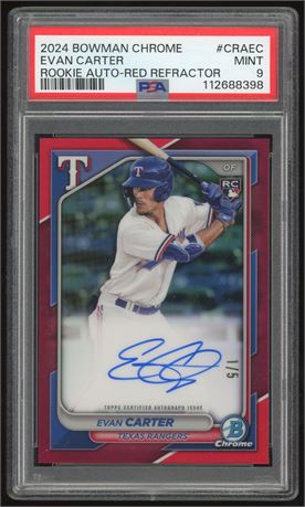 2024 Bowman Chrome Evan Carter RC Rookie Auto Red Refractor 1/5 PSA 9 MINT