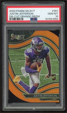 2020 Select #361 Justin Jefferson RC Die-Cut Orange Prizm PSA 10 GEM MINT