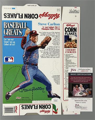 1992 Kellogg's Corn Flakes Baseball Greats Full Box Steve Carlton Auto JSA