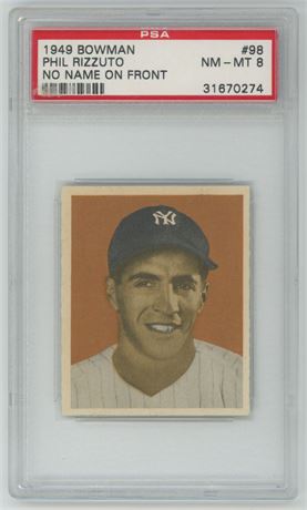 1949 Bowman #98 Phil Rizzuto No Name on Front PSA 8 NMMT Beauty!