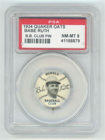 1934 Quaker Oats Babe Ruth Baseball Club Pin PSA 8 NMMT Only 2 Higher BEAUTY