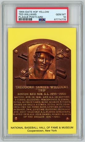 1964 Date HOF Yellow Ted Williams Plaque Postcard PSA 10 GEM MINT