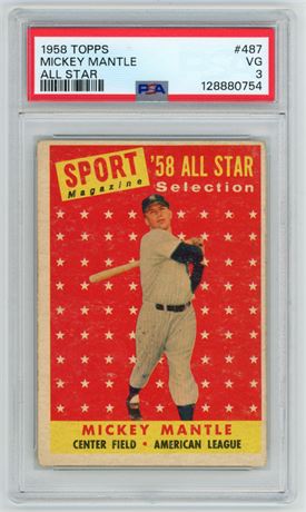 1958 Topps #487 Mickey Mantle All-Star PSA 3 VG