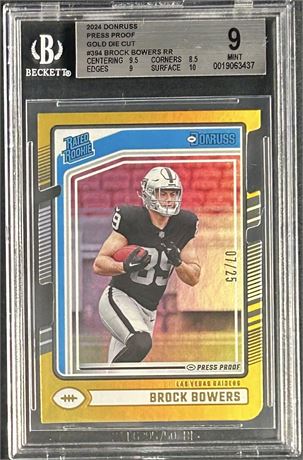 2024 Donruss Press Proof #394 Brock Bowers RC Gold Die Cut 7/25 BGS 9 MINT