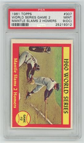 1961 Topps #307 WS Game 2 - Mantle Slams 2 Homers PSA 9(OC)