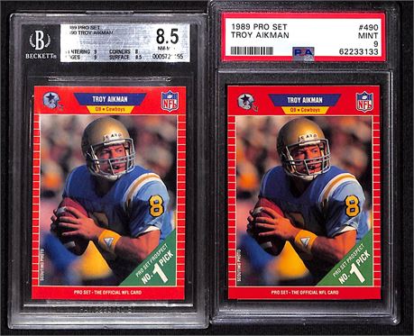 (2) 1989 Pro Set #490 Troy Aikman RC Lot, BGS 8.5 & PSA 9