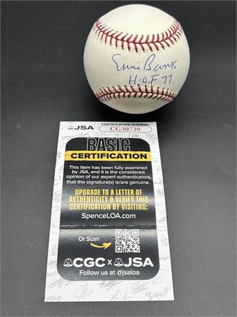 Ernie Banks Signed Official Major League Baseball Dual Cert JSA/PSA White