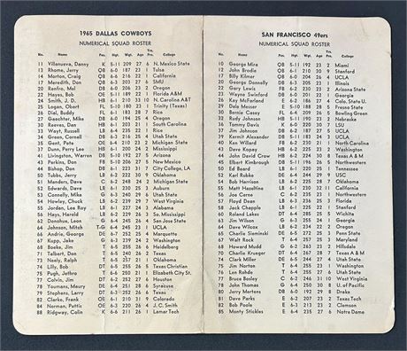 1965 Cowboys vs. 49ers Depth Chart/Roster Card From Nov 7th Game Bob Hayes 2 TD