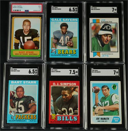 1963-1973 Topps Graded Football Lot (6) w/ Starr, Namath, Sayers, and Simpson