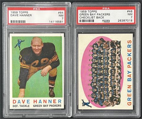 1959 Topps PSA 7 Graded Green Bay Packers Lot (2) w/ Team Card and Dave Hanner