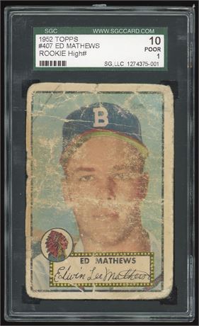 1952 Topps #407 Eddie Mathews RC High # SGC 1 POOR