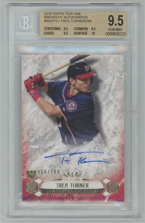 2016 Topps Tier One Breakout Autographs Trea Turner /249 BGS 9.5 GEM MINT