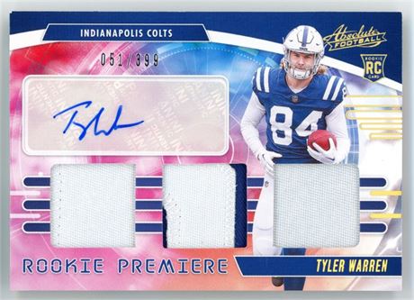 2025 Panini Absolute 51/399 Tyler Warren Rookie Premiere Patch Auto