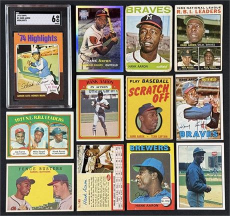 1959-2002 Topps Hank Aaron Lot (12) w/ 1975 #1 Highlight SGC 6 EXMT