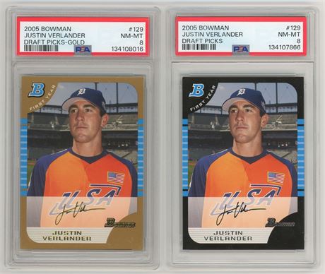 2005 Bowman #129 Justin Verlander Draft Picks PSA 8 Graded Lot (2) w/ Gold