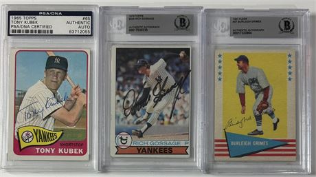 Baseball Card Auto Lot (3) w/ Gossage, Kubeck, Grimes PSA/BGS Authentic Autos