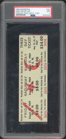 1969 1st Woodstock Music and Art Fair Three Day Full Ticket Aug 15-17 PSA 9 MINT