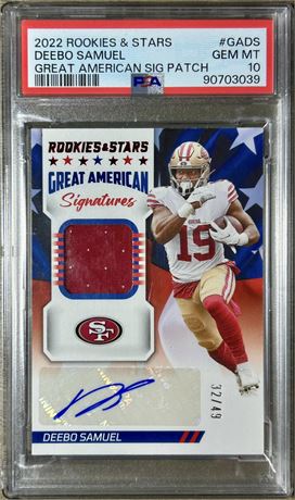 2022 Rookies & Stars Deebo Samuel Great American Signature Patch Auto /49 PSA 10
