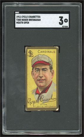 1911 T205 Piedmont Roger Bresnahan Mouth Open SGC 3 VG