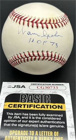 Warren Spahn Signed Official Major League Baseball w/ 'HOF 73' JSA White