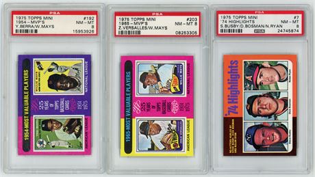 1975 Topps Mini PSA 8 Graded Lot (3) w/ Mays, Ryan & Berra