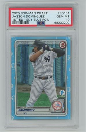 2020 Bowman Draft Jasson Dominguez 1st Edition Sky Blue Foil PSA 10 GEM MINT