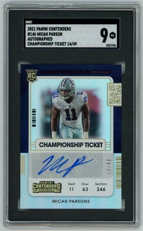 2021 Panini Contenders #146 Micah Parson RC Championship Ticket Auto 14/49 SGC 9