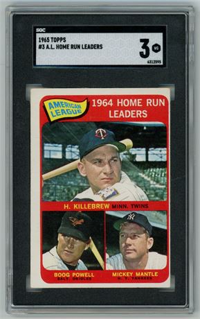 1965 Topps #3 Mantle, Killebrew, and Powell AL Home Run Leaders SGC 3 VG