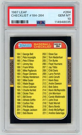 1987 Leaf #264 Checklist 184-264 PSA 10 GEM MINT