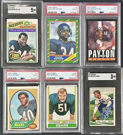 1951-86 Chicago Bears HOF Graded Lot (6) w/ Payton, Sayers, Turner, Butkus