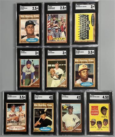 1962 Topps Baseball Stars SGC Graded Lot w/ Ruth, Drysdale & F Robinson (10)
