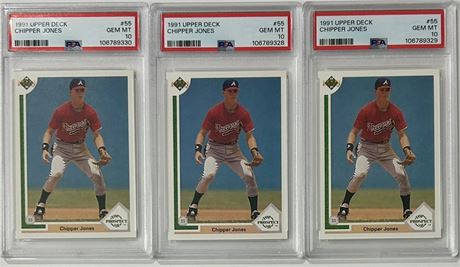 1991 Upper Deck #55 Lot (3) Chipper Jones RC PSA 10 GEM MINT