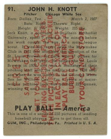 1939 Playball #91 John Knott Sample Low Grade (Snow)
