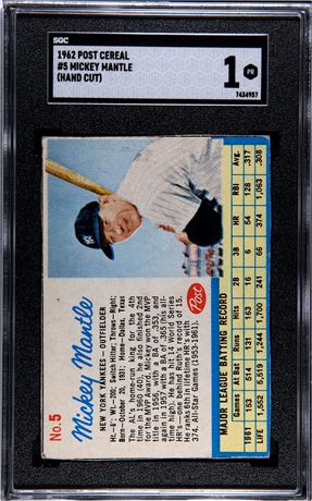 1962 Post Cereal #5 Mickey Mantle Hand Cut SGC 1 POOR