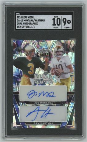 2024 Leaf Metal Joe Montana/Sam Hartman Dual Auto Sky Crystal 1/1 SGC 9 Auto 10