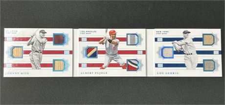 2019 National Treasures Triple Legends Mize/Pujols/Gehrig Game Used Relics 1/1