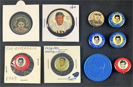 1909-1969 Baseball Pins & Coin Lot (9) w/ Mantle, DiMiaggio, & Mays