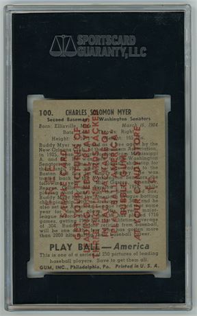 1939 Playball #100 Buddy Myer Sample SGC Authentic