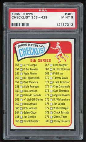 1965 Topps #361 Checklist 353-429 PSA 9 MINT Only 7 Higher