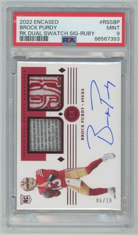 2022 Encased Brock Purdy RC Dual Swatch Signature Ruby 6/10 PSA 9 MINT
