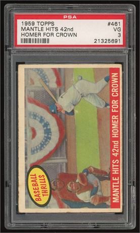 1959 Topps #461 Baseball Thrills Mantle Hits 42nd Homer for Crown PSA 3 VG