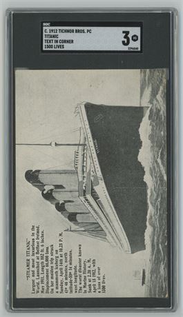 C. 1912 Tichnor Bros PC Titanic Text in Corner 1500 Lives SGC 3 VG Pop 1 HIGHEST